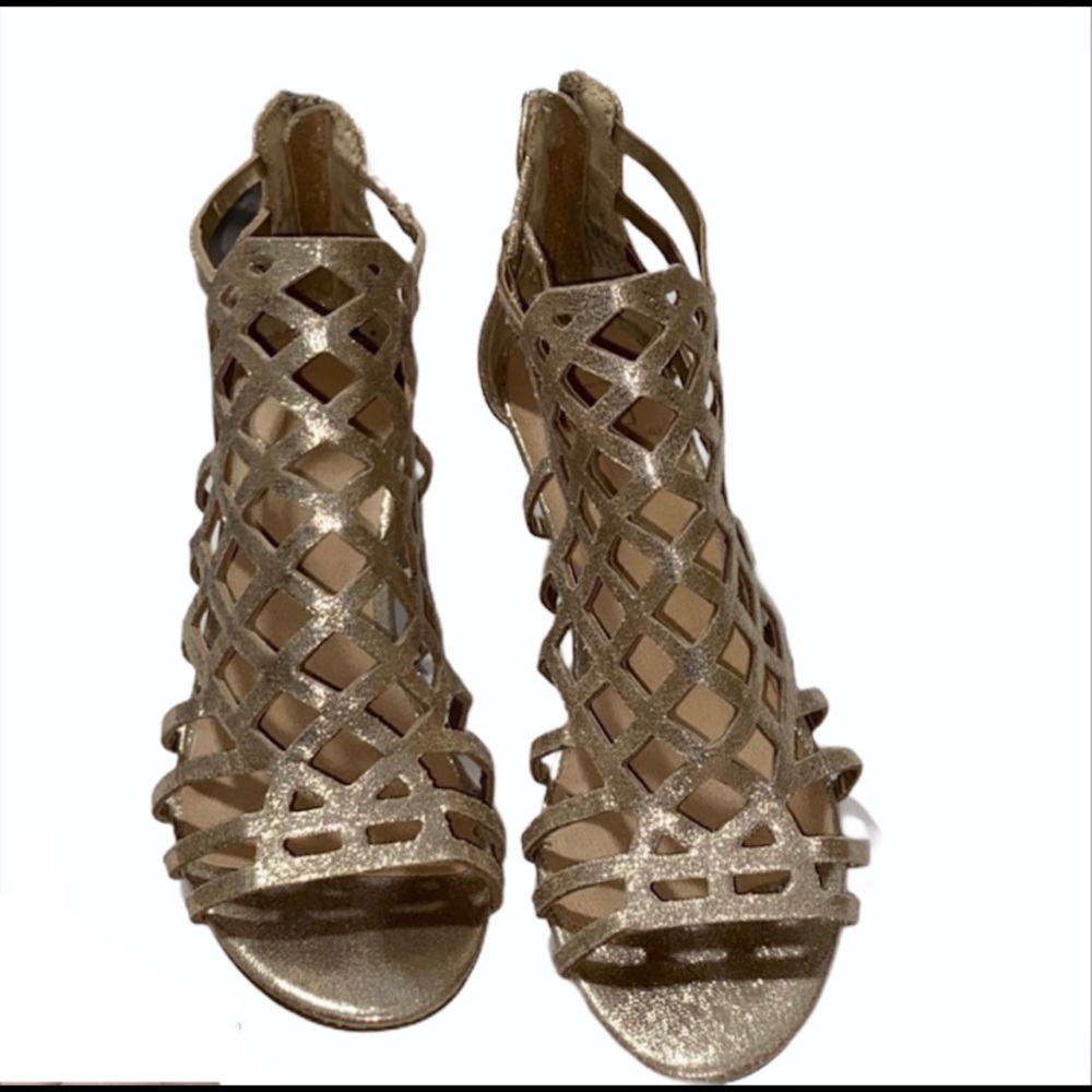 - Gold Material Girl platform wedge sandals …